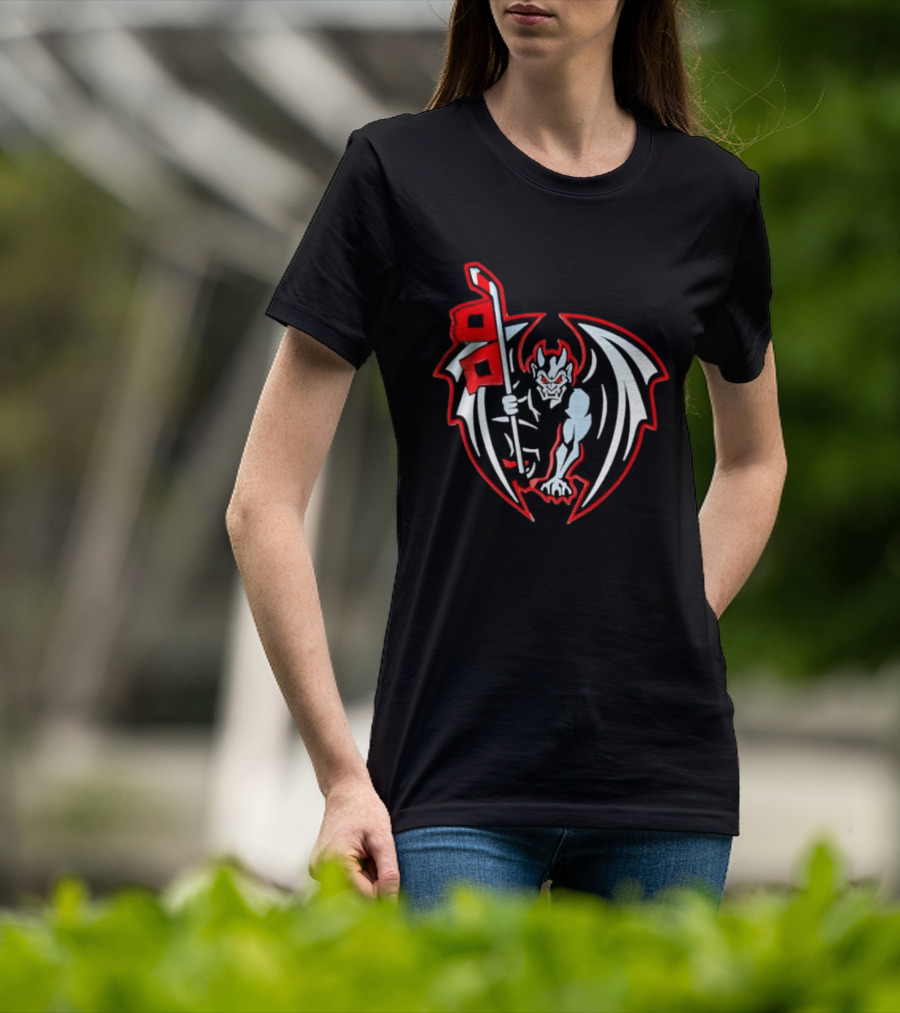 Greensboro Gargoyles Hockey Team Winged Gargoyle Holding Hockey Stick With Red Flag T-Shirt