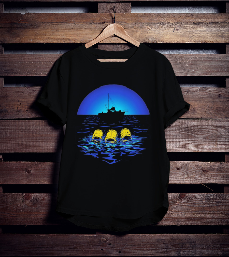 Jaws Orca Boat With Yellow Barrels Steven Spielberg Retro Ocean Scene T-Shirt