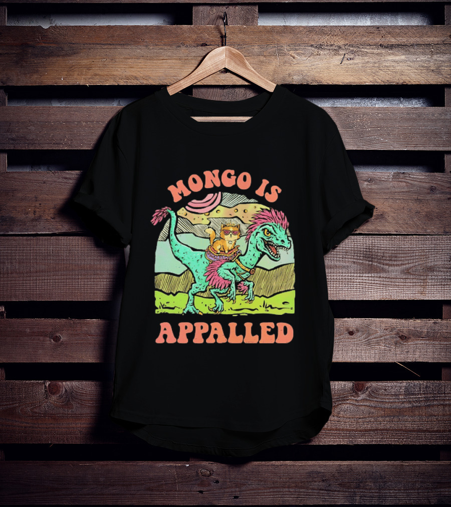 Mongo Is Appalled Cat Riding Dinosaur Raptor T-Shirt