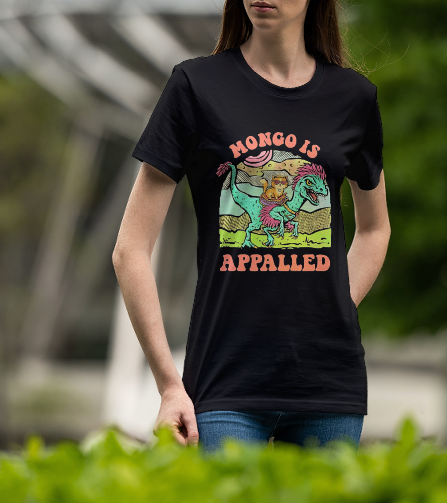 Mongo Is Appalled Cat Riding Dinosaur Raptor T-Shirt