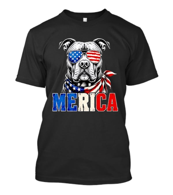 Patriotic Pit Bull Merica Dog With American Flag Sunglasses And Bandana T-Shirt