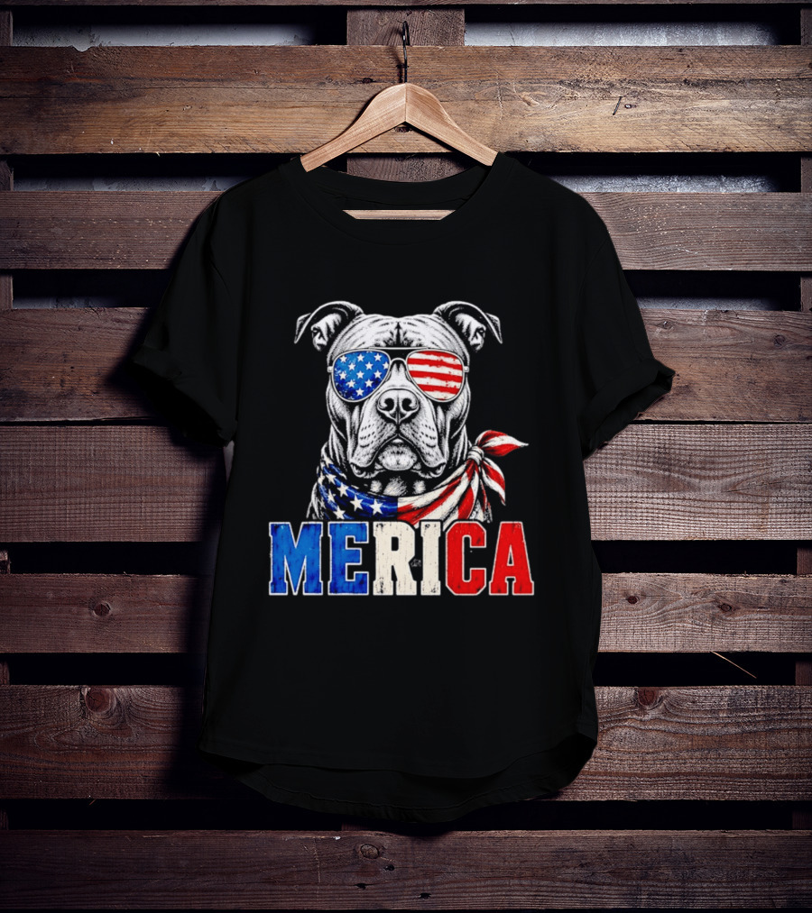 Patriotic Pit Bull Merica Dog With American Flag Sunglasses And Bandana T-Shirt