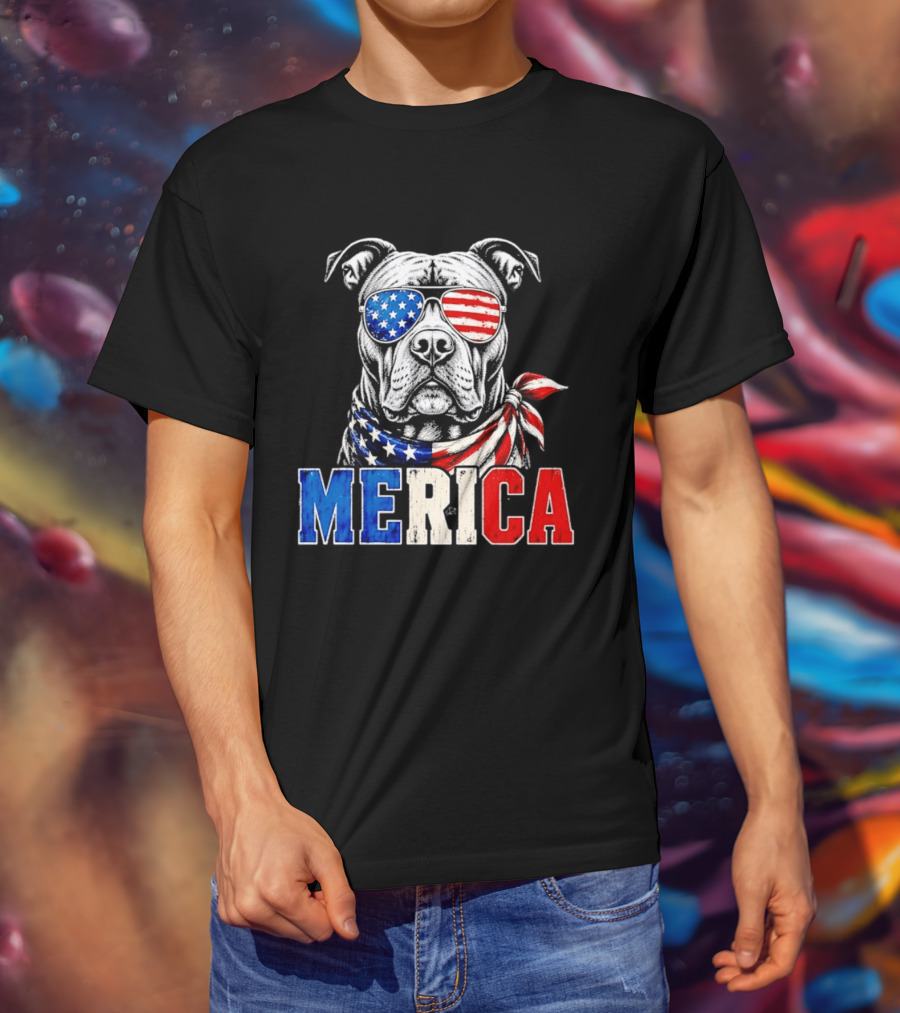 Patriotic Pit Bull Merica Dog With American Flag Sunglasses And Bandana T-Shirt