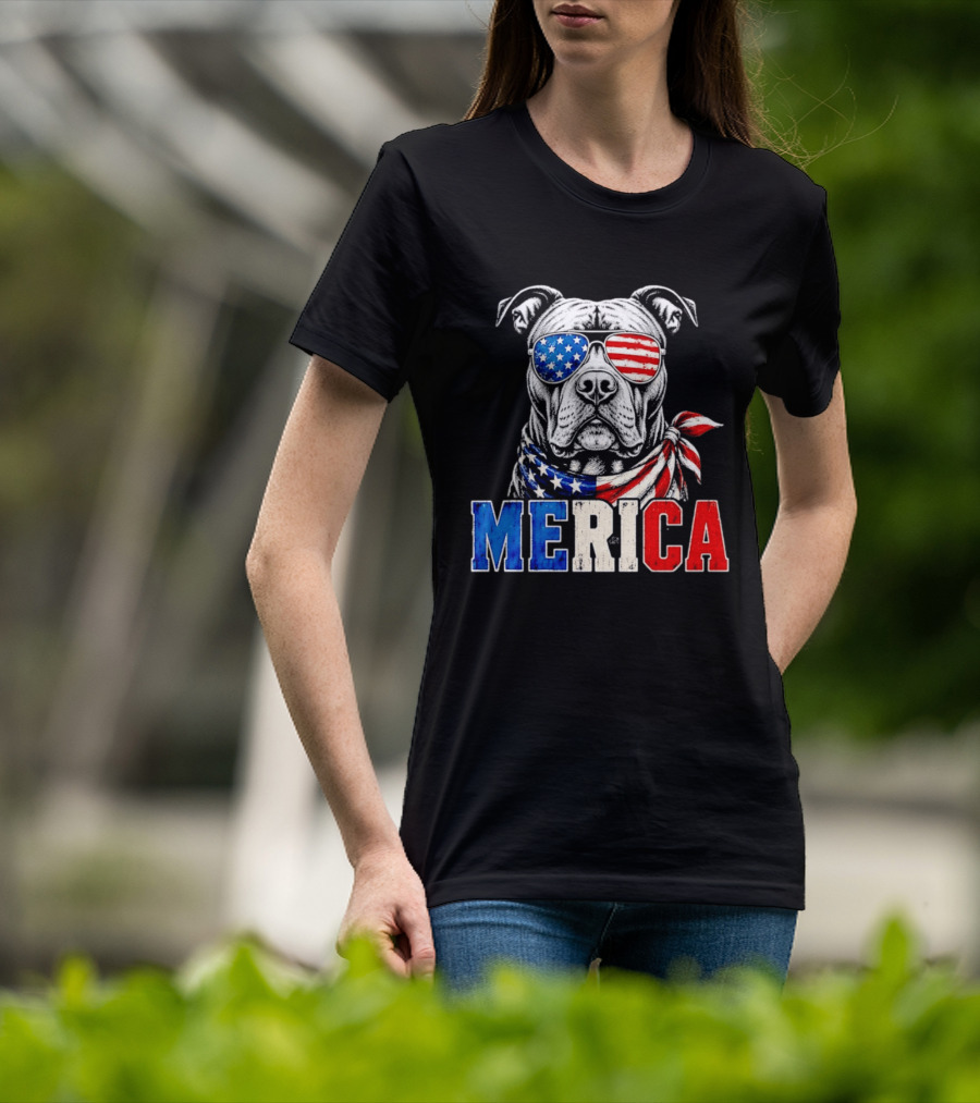 Patriotic Pit Bull Merica Dog With American Flag Sunglasses And Bandana T-Shirt