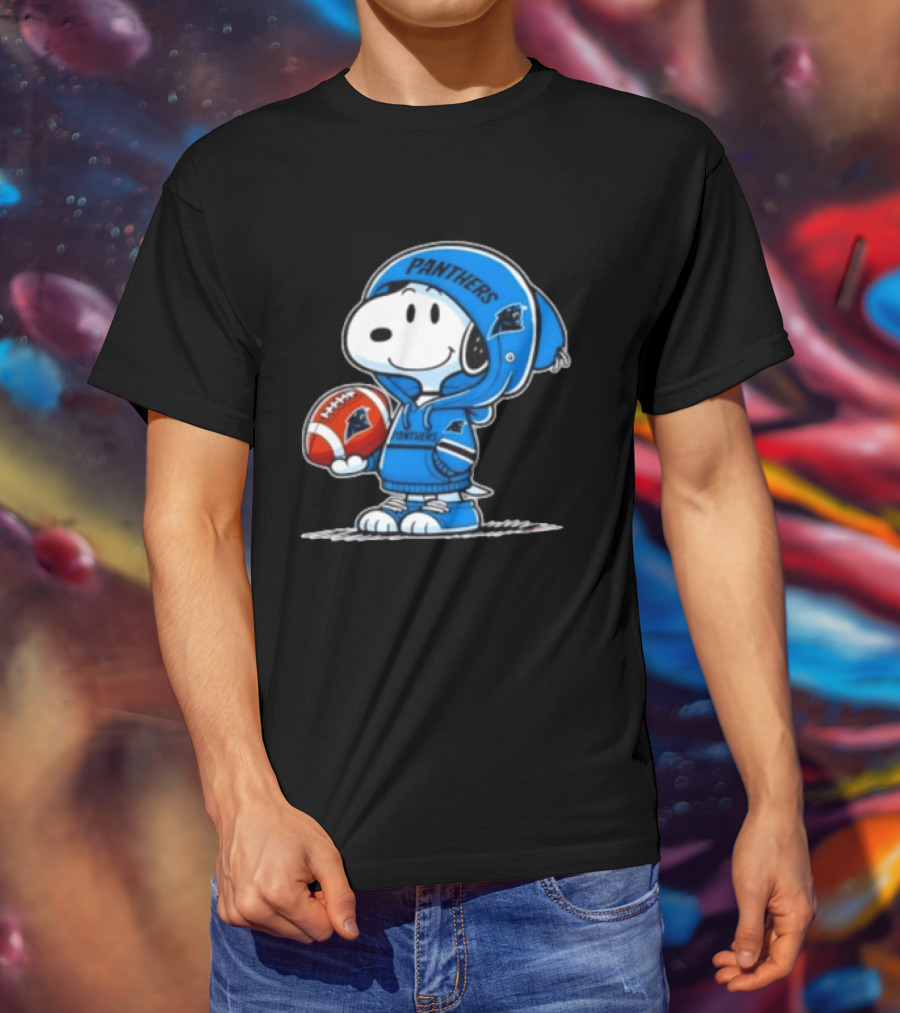 Snoopy Carolina Panthers Fan Holding Football Peanuts T-Shirt