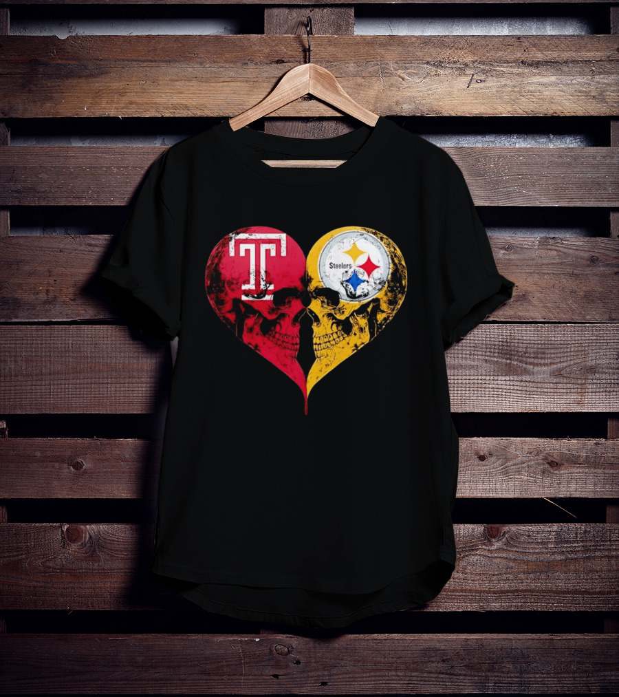 Temple Owls Pittsburgh Steelers Skulls Heart Shape Distressed T-Shirt
