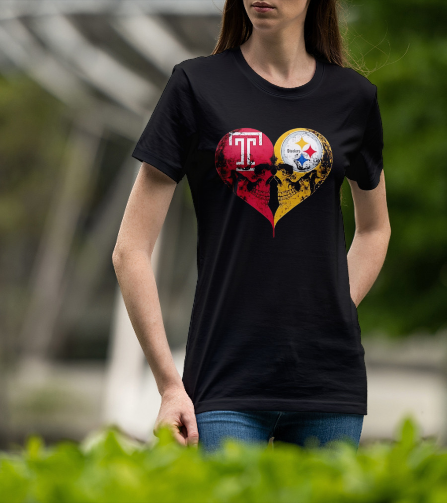 Temple Owls Pittsburgh Steelers Skulls Heart Shape Distressed T-Shirt