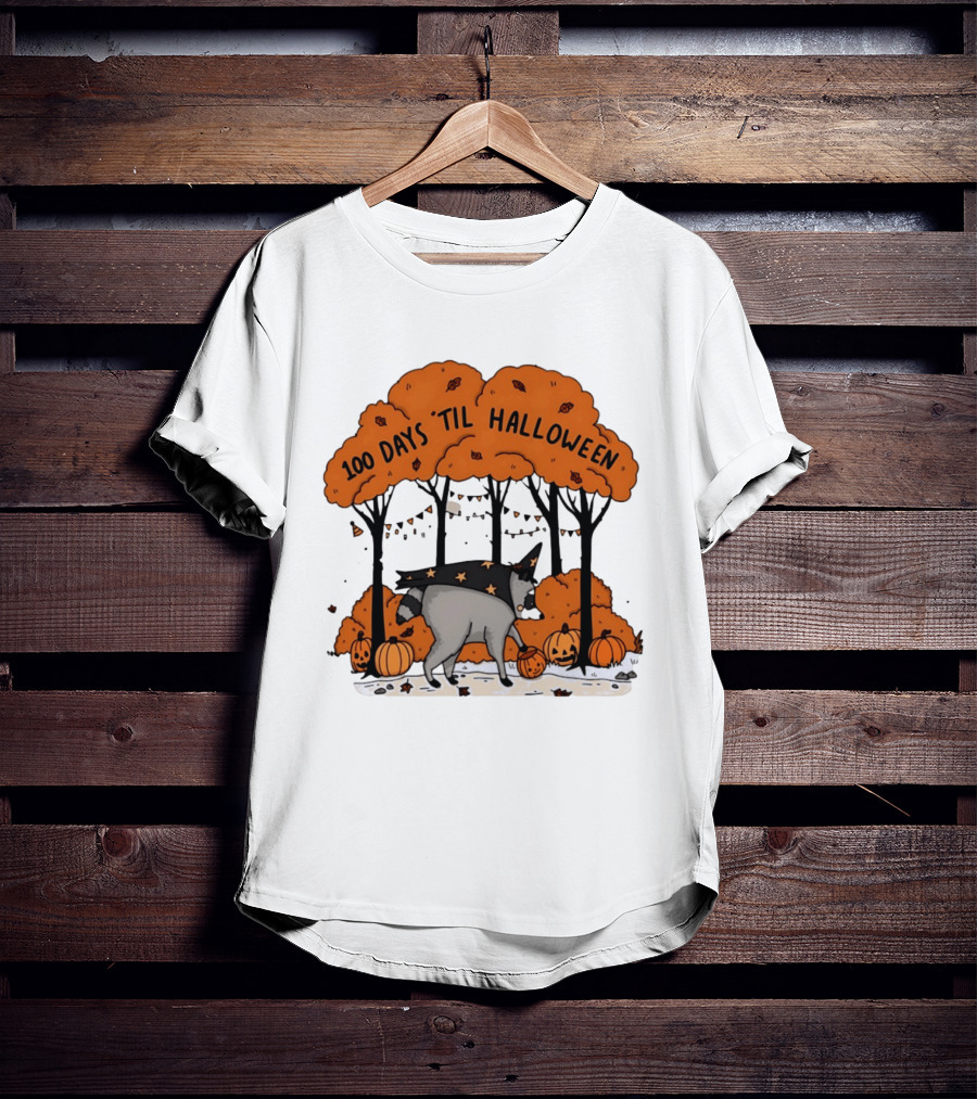 100 Days 'til Halloween Raccoon Wizard Costume In Pumpkin Patch Forest T-Shirt