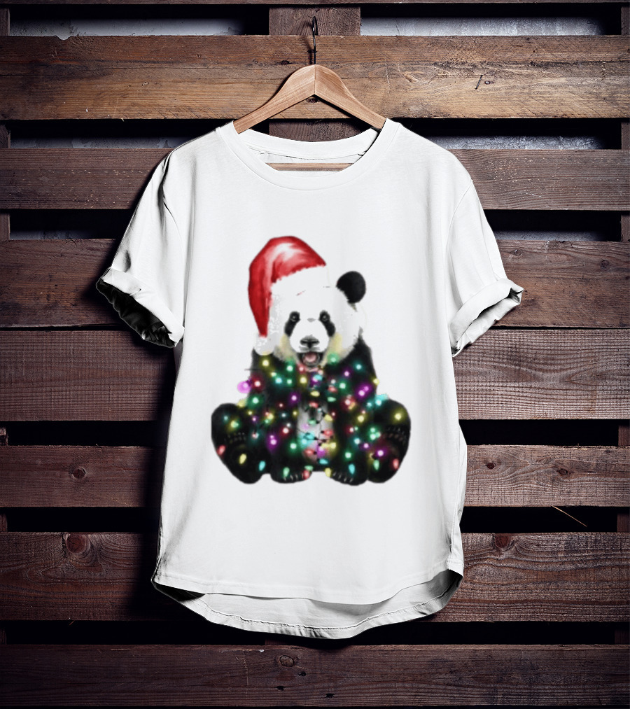 Panda With Christmas Lights And Santa Hat Holiday Animals T-Shirt
