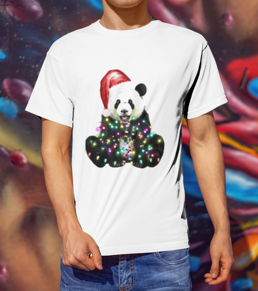 Panda With Christmas Lights And Santa Hat Holiday Animals T-Shirt