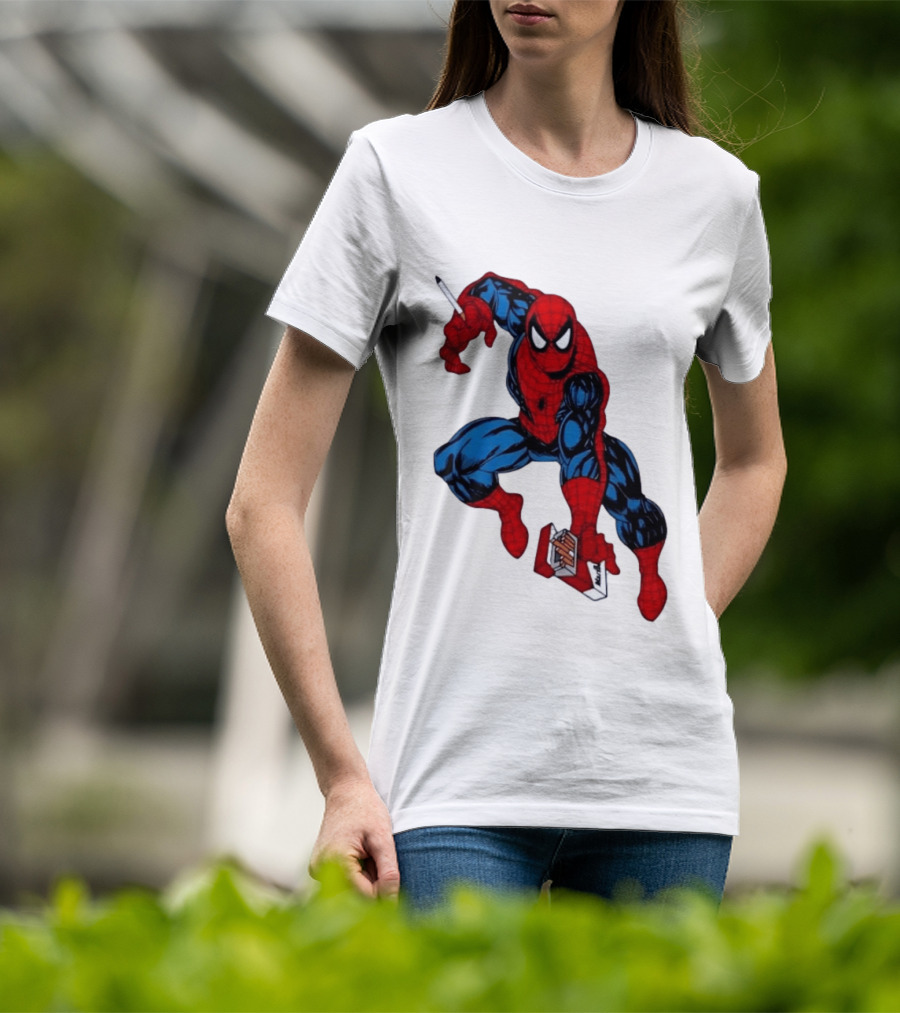 Marlboro Spider Man Crouching Holding Cigarette Packcartoon T-Shirt