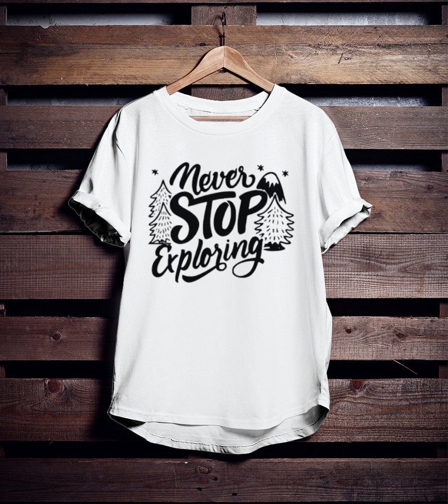 Never Stop Exploring Pine Trees Snowy Mountain Peak Stars T-Shirt
