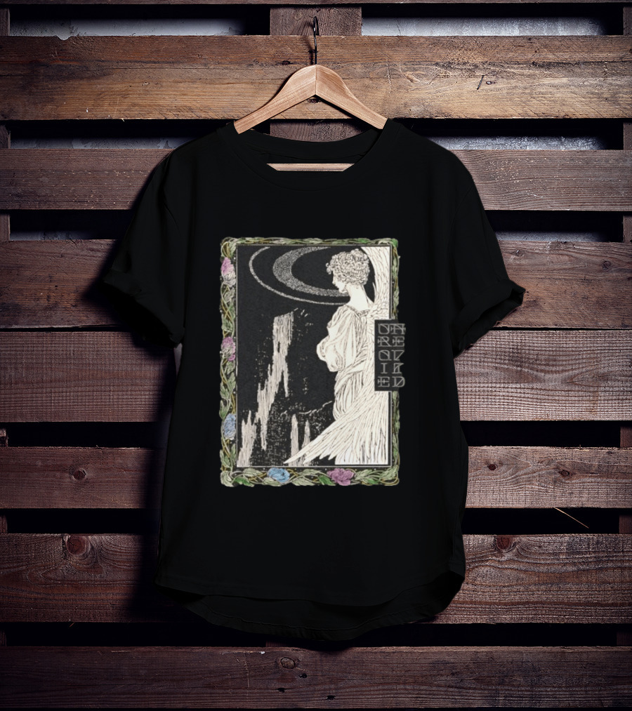 Angel Nouveau Unraveled Floral Frame Illustrative Art Winged Celestial Figure T-Shirt