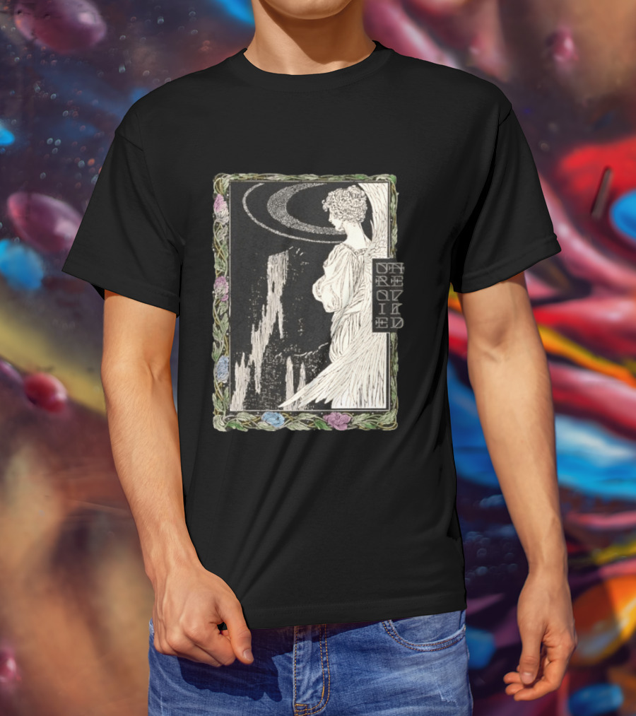 Angel Nouveau Unraveled Floral Frame Illustrative Art Winged Celestial Figure T-Shirt