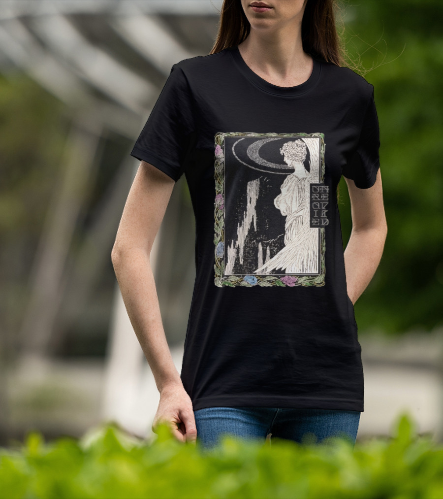 Angel Nouveau Unraveled Floral Frame Illustrative Art Winged Celestial Figure T-Shirt