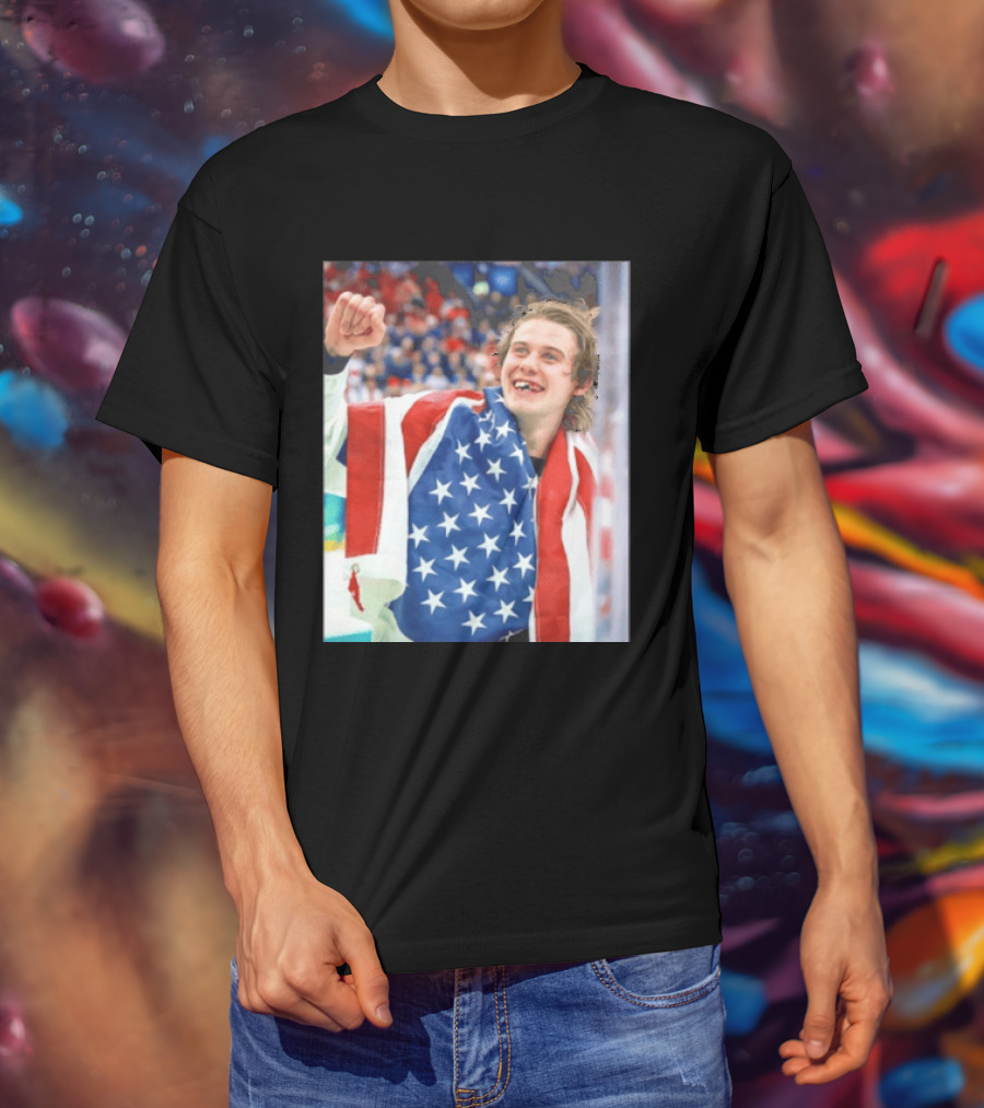 Jack Hughes USA Hockey World Champs 2026 Victory Celebration American Flag T-Shirt