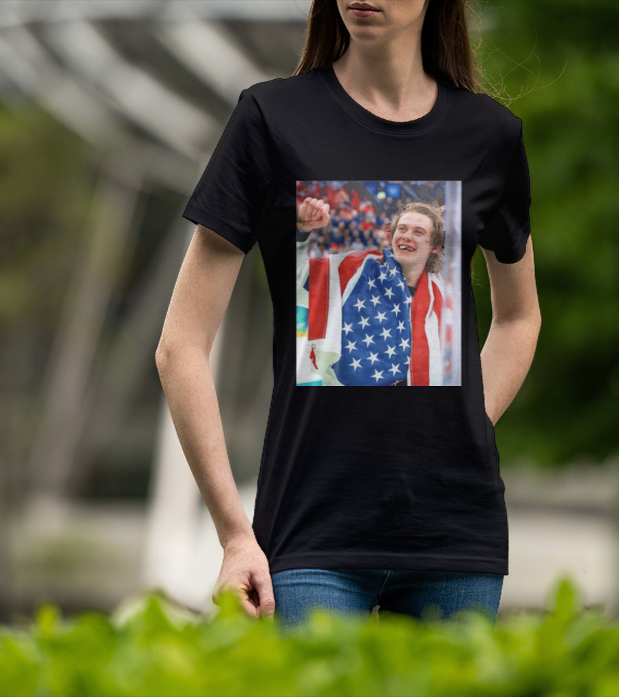 Jack Hughes USA Hockey World Champs 2026 Victory Celebration American Flag T-Shirt