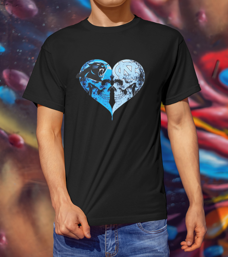 Carolina Panthers North Carolina Tar Heels Skulls Face To Face Heart Shape T-Shirt