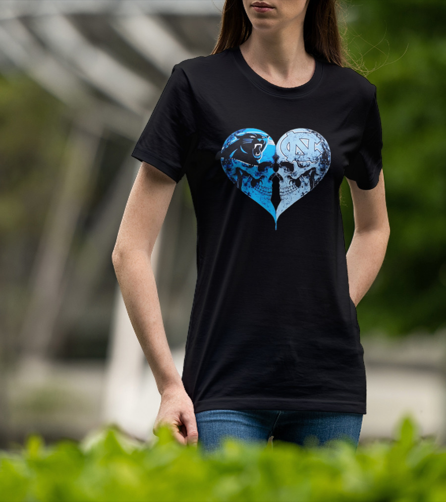 Carolina Panthers North Carolina Tar Heels Skulls Face To Face Heart Shape T-Shirt