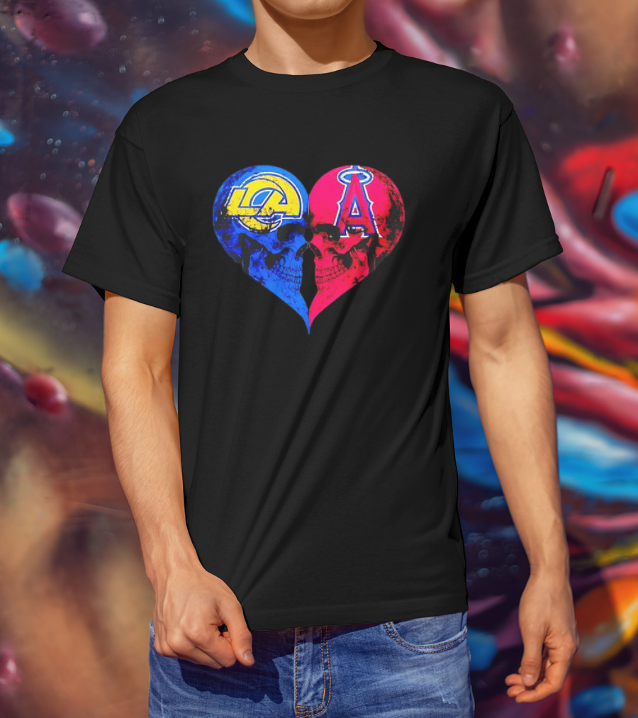 Los Angeles Rams Vs Los Angeles Angels Skulls Heart Face To Face Distressed T-Shirt