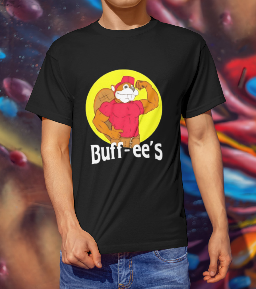 Buff Ee's Strong Muscular Beaver Character In Red Outfit T-Shirt