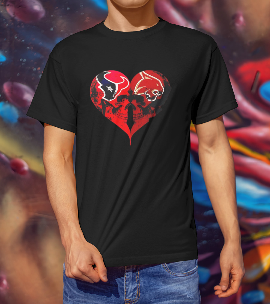 Houston Texans And Tampa Bay Buccaneers Skulls Heart Shape Distressed T-Shirt