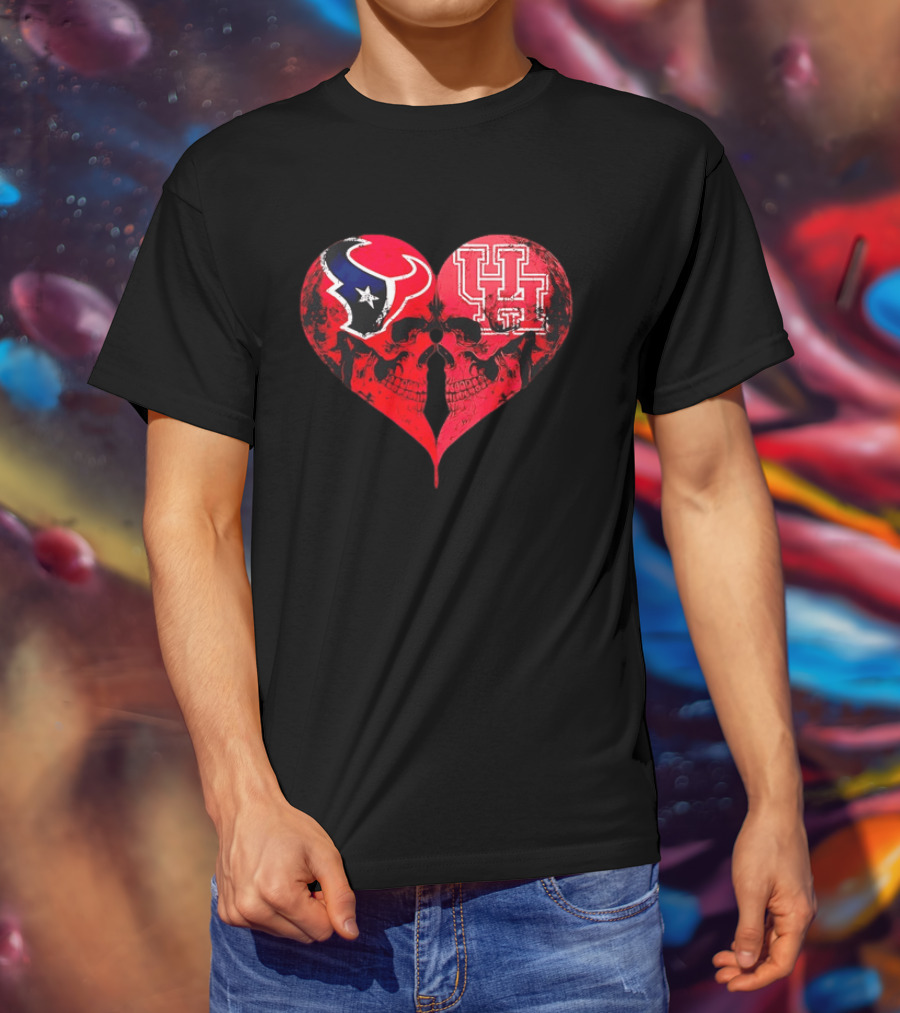 Houston Texans University Of Houston Cougars Heart Shaped Skulls Football Fans T-Shirt