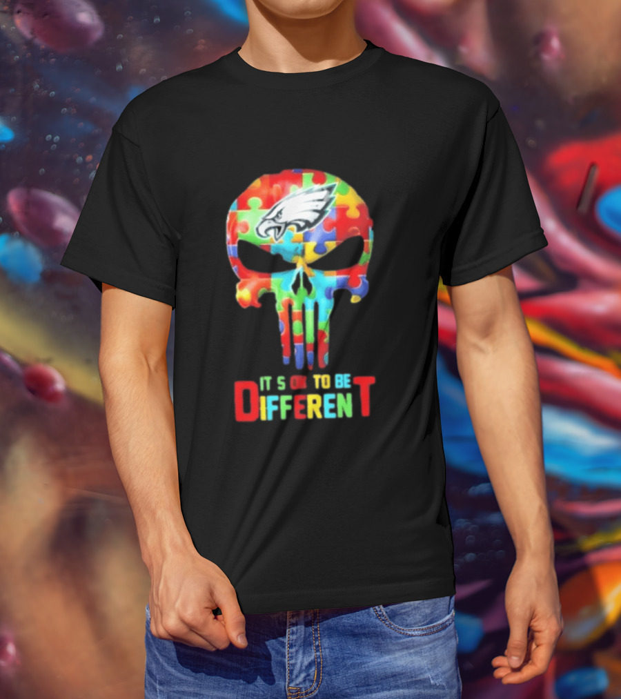 Philadelphia Eagles Skull Puzzle Autism Awareness It's Ok To Be Different T-Shirt