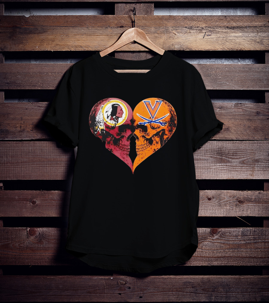Washington Redskins Virginia Cavaliers Skulls Face To Face Heart Shape Distressed T-Shirt