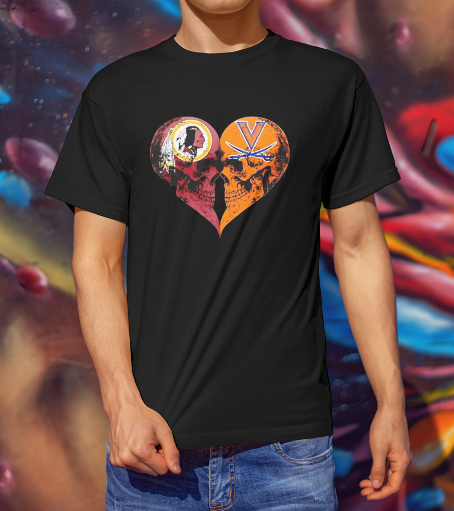 Washington Redskins Virginia Cavaliers Skulls Face To Face Heart Shape Distressed T-Shirt