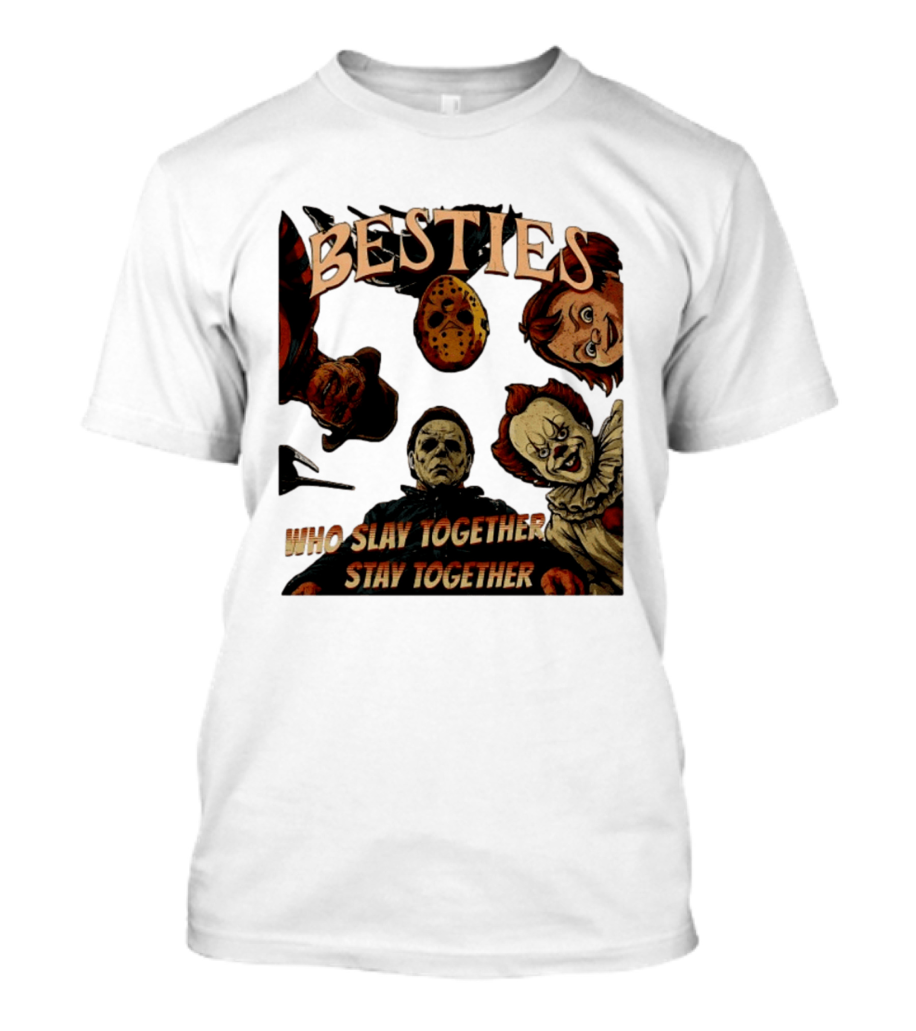 BESTIES Horror Movie Characters Mask Iconic Slayers Pennywise Knife Doll Together T-Shirt