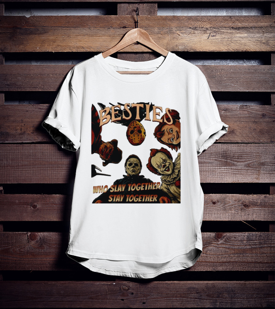 BESTIES Horror Movie Characters Mask Iconic Slayers Pennywise Knife Doll Together T-Shirt