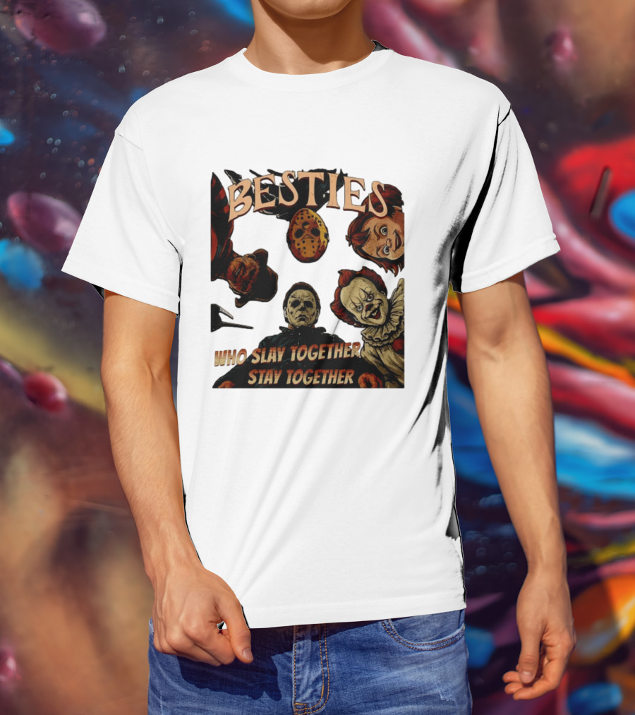 BESTIES Horror Movie Characters Mask Iconic Slayers Pennywise Knife Doll Together T-Shirt