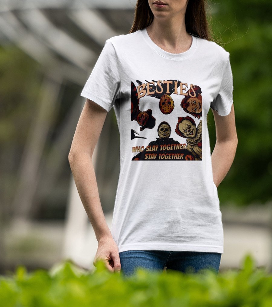 BESTIES Horror Movie Characters Mask Iconic Slayers Pennywise Knife Doll Together T-Shirt