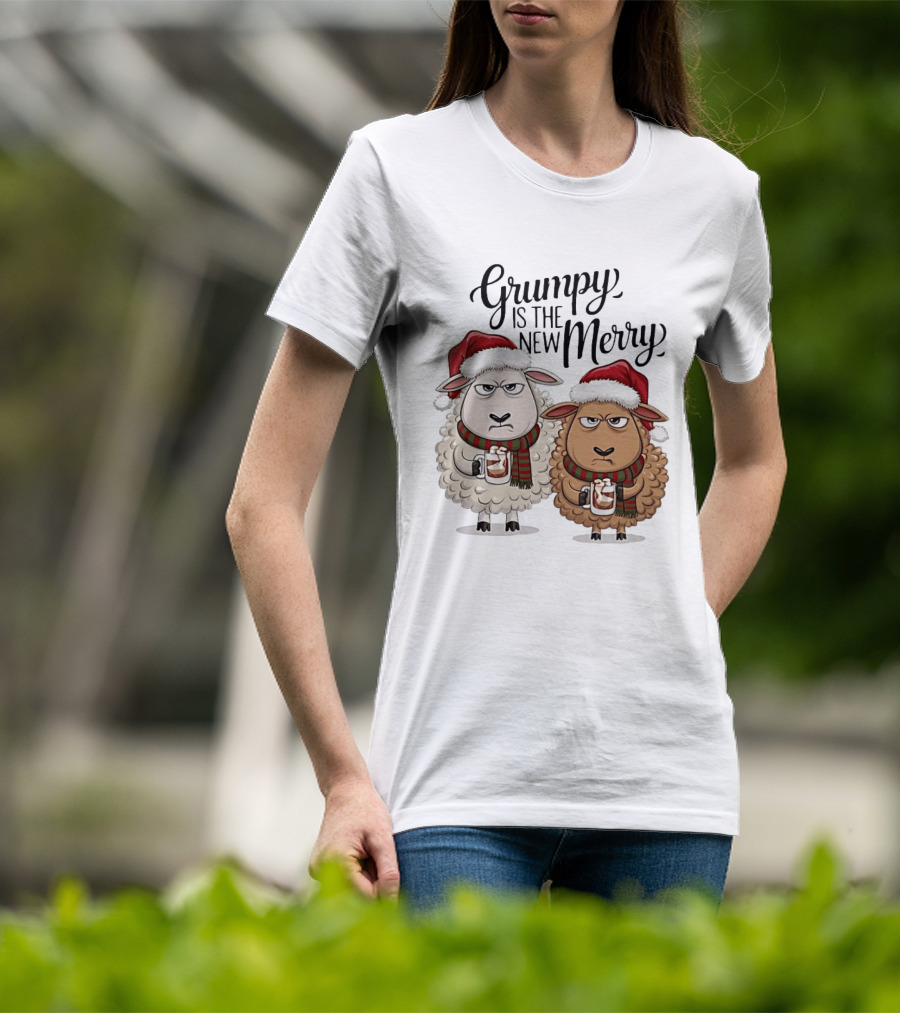 Grumpy Is The New Merry Christmas Sheep Santa Hat Holiday Humor T-Shirt