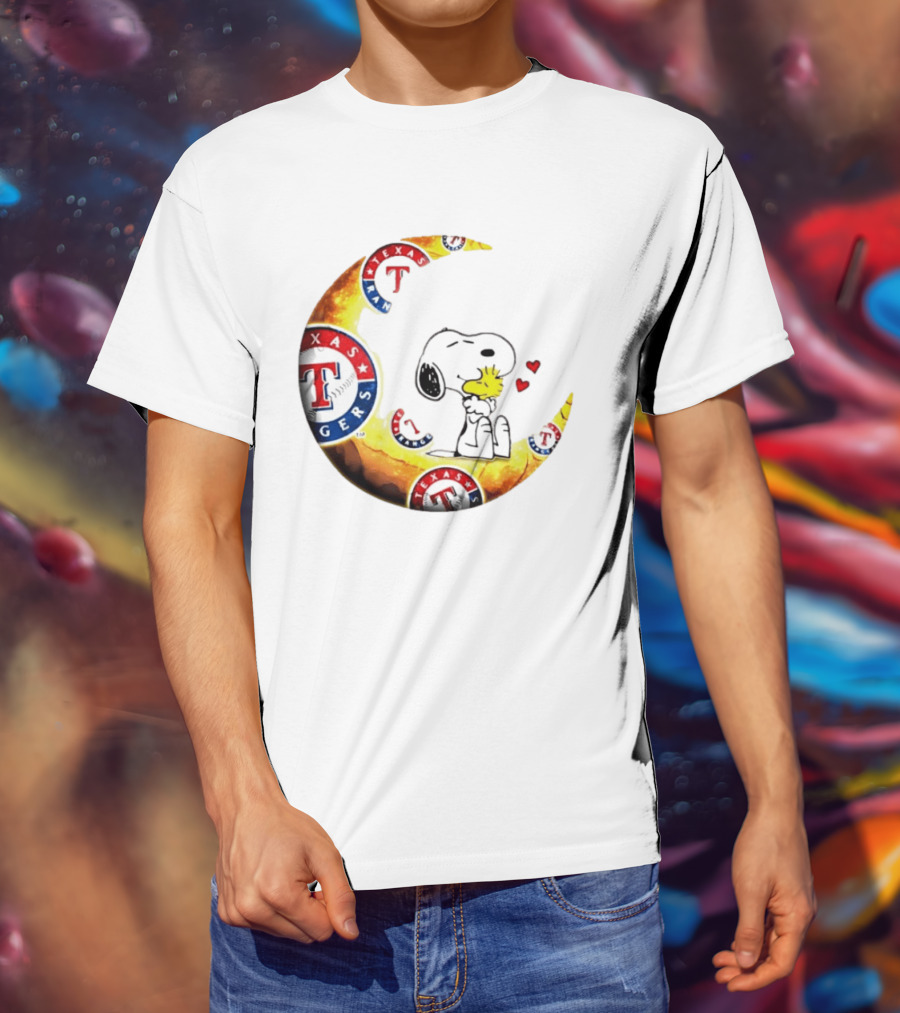 Snoopy Woodstock Texas Rangers Moon Baseball Fan Celebration T-Shirt