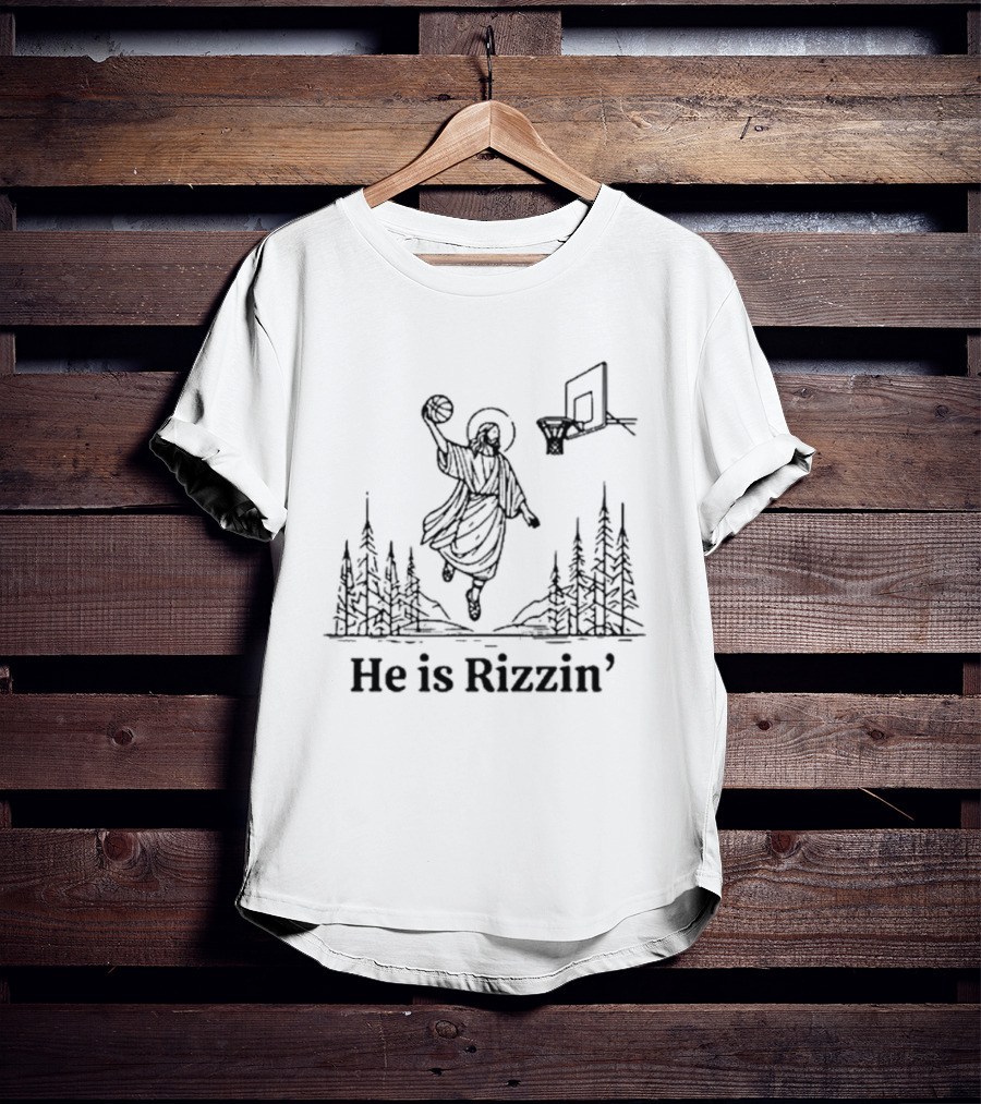 He Is Rizzin Basketball Angel Easter Forest Scene T-Shirt