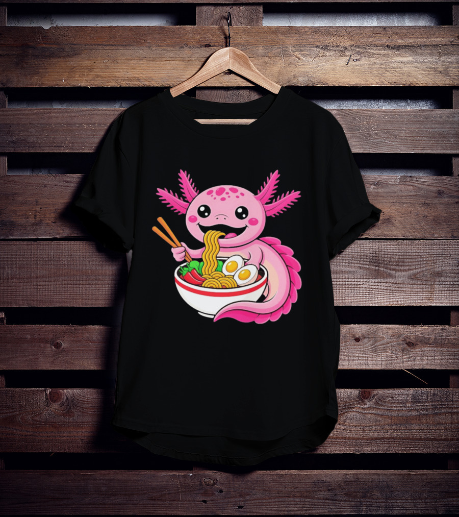 Axolotl Eating Ramen Kawaii Style With Chopsticks And Eggs T-Shirt