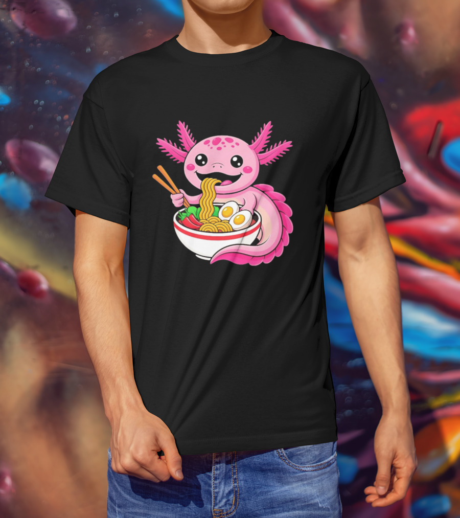 Axolotl Eating Ramen Kawaii Style With Chopsticks And Eggs T-Shirt