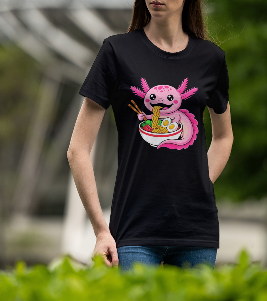 Axolotl Eating Ramen Kawaii Style With Chopsticks And Eggs T-Shirt
