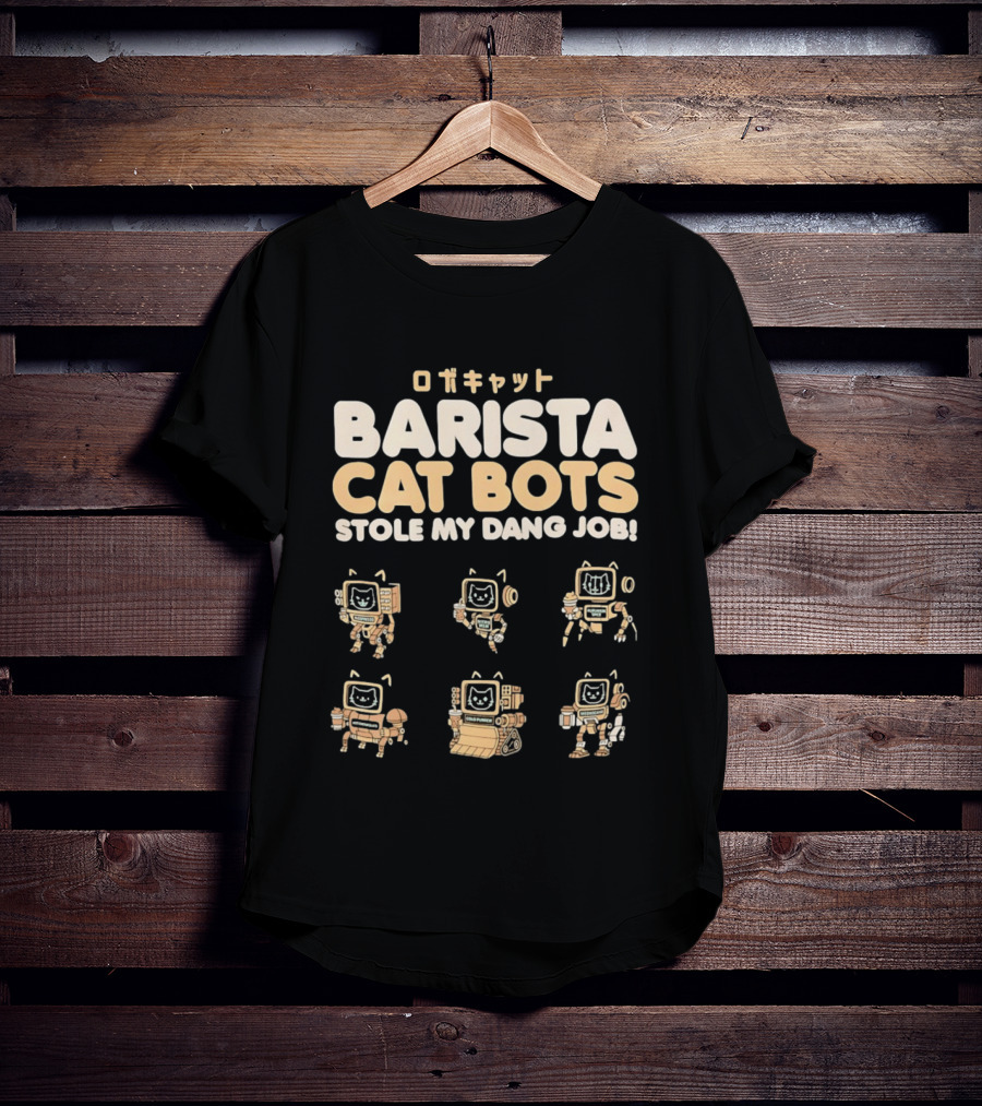 Barista Cat Bots Stole My Dang Job Retro Robot Cats Japanese T-Shirt