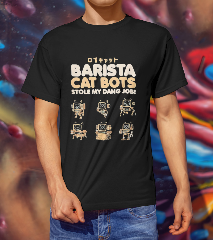 Barista Cat Bots Stole My Dang Job Retro Robot Cats Japanese T-Shirt