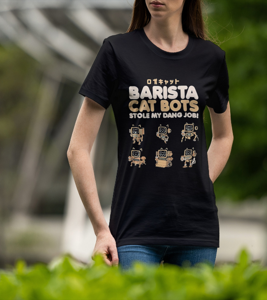 Barista Cat Bots Stole My Dang Job Retro Robot Cats Japanese T-Shirt