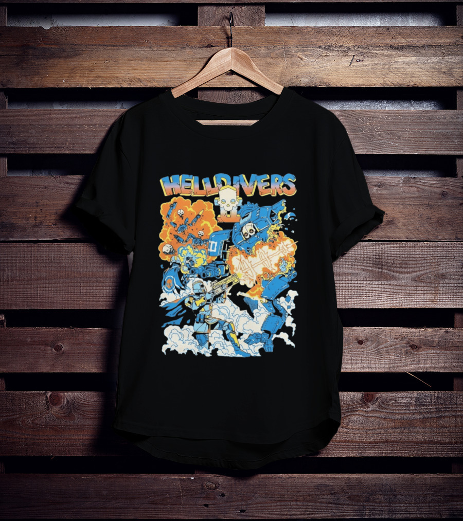 Helldivers Comic Style Explosive Battle Scene Skulls Robots Flames T-Shirt