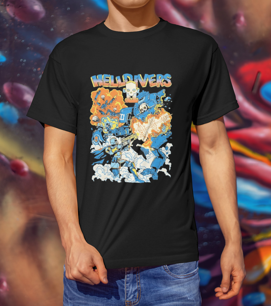 Helldivers Comic Style Explosive Battle Scene Skulls Robots Flames T-Shirt
