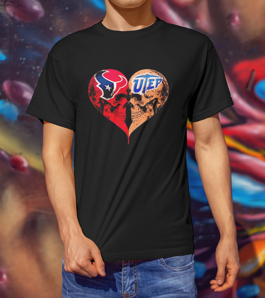 Houston Texans UTEP Miners Skulls Heart Shape Face To Face T-Shirt