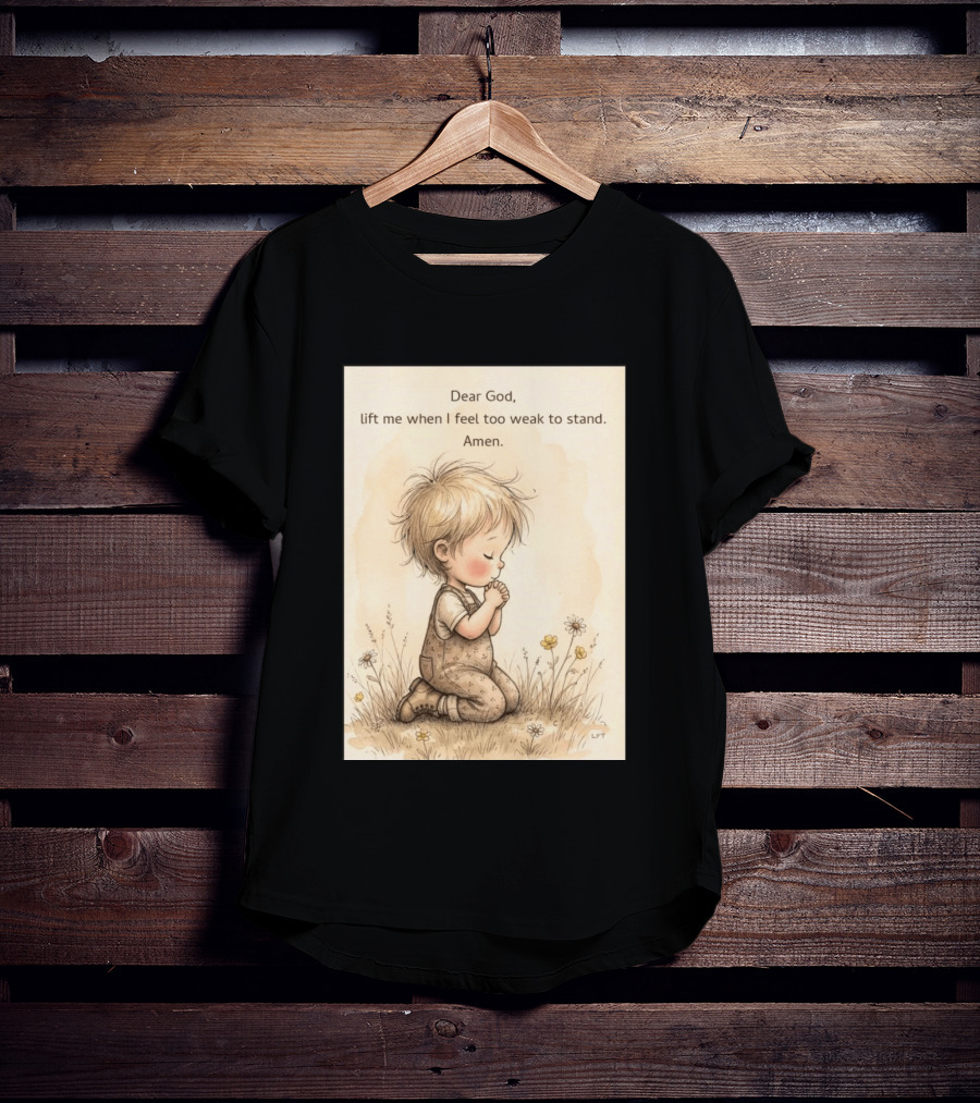 Dear God Lift Me When I Feel Too Weak To Stand Amen Kneeling Child Prayer Floral Field T-Shirt