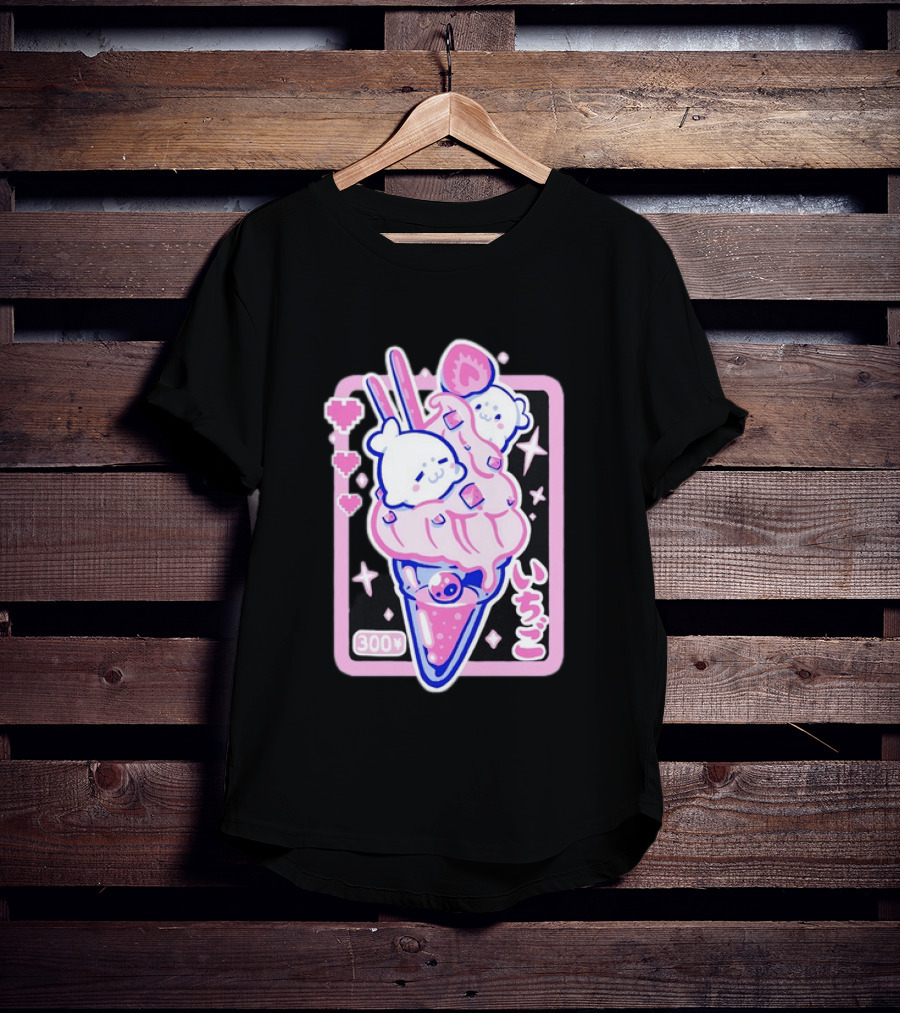 Kawaii Strawberry Ice Cream With Seals And 300 Yen Cute Hearts T-Shirt