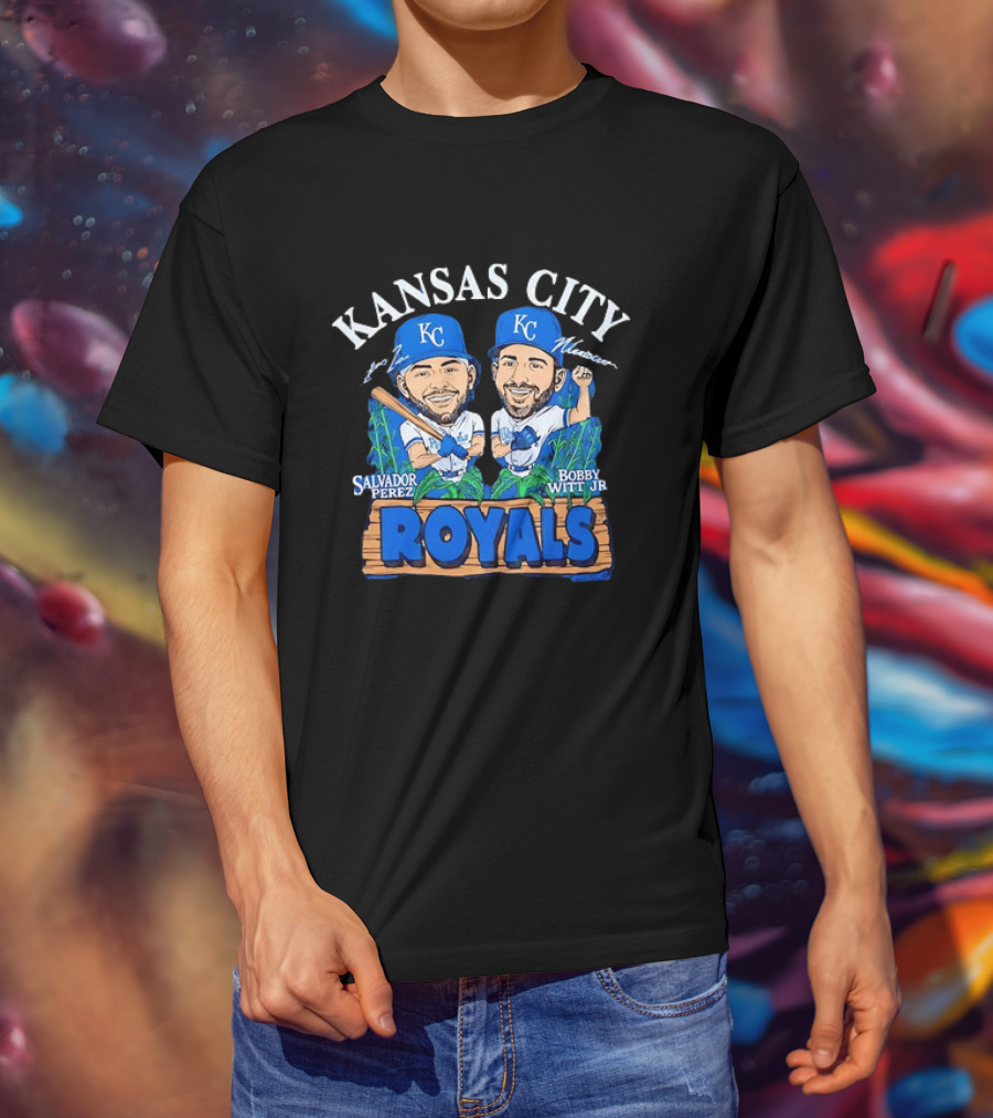 Kansas City Royals Salvador Perez Bobby Witt Jr Cartoon Baseball T-Shirt