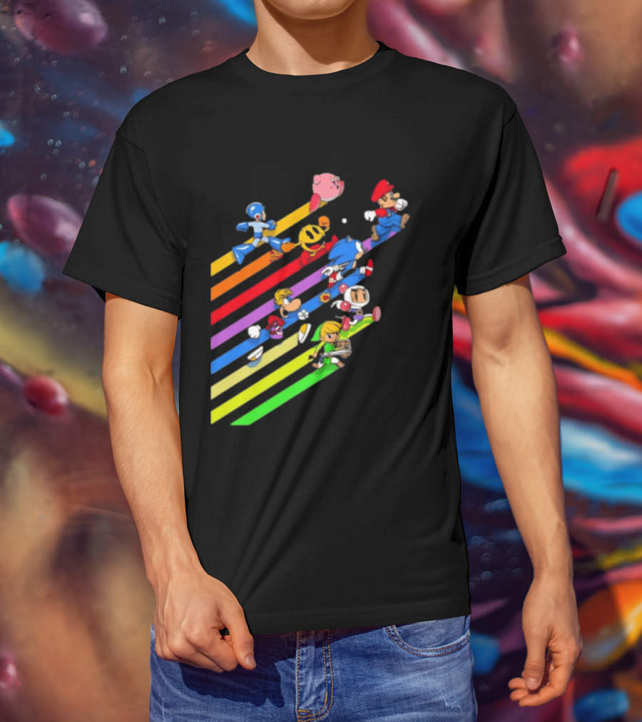 Legends Gaming Mario Pac Man Mega Man Sonic Link Kirby Bomberman Rayman Characters T-Shirt